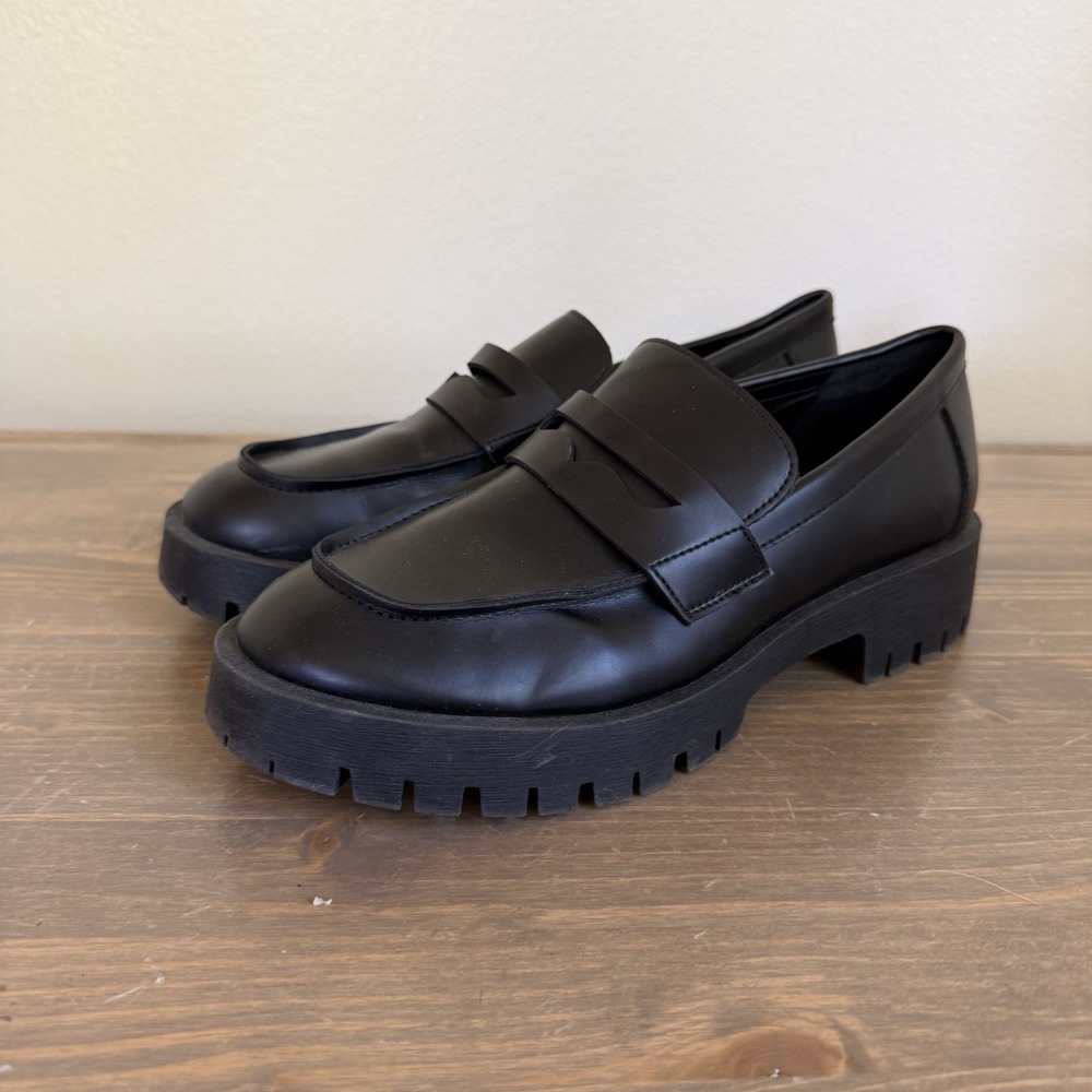 Steve Madden Womens 8.5M Black Leather Course Lug Sole Penny Loafers Shoes